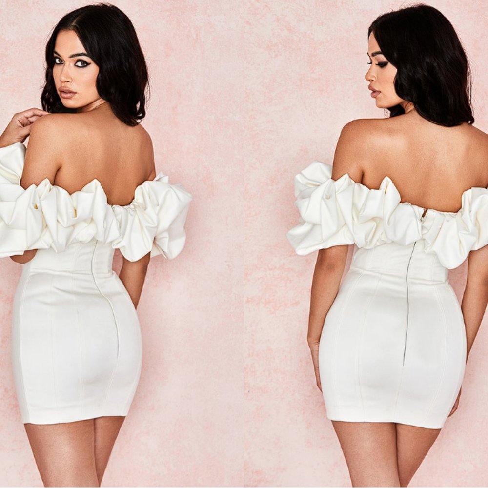 House of CB ‘Selena’ Ivory Satin Ruffle Strapless Mini Dress NWT - Picture 11 of 12